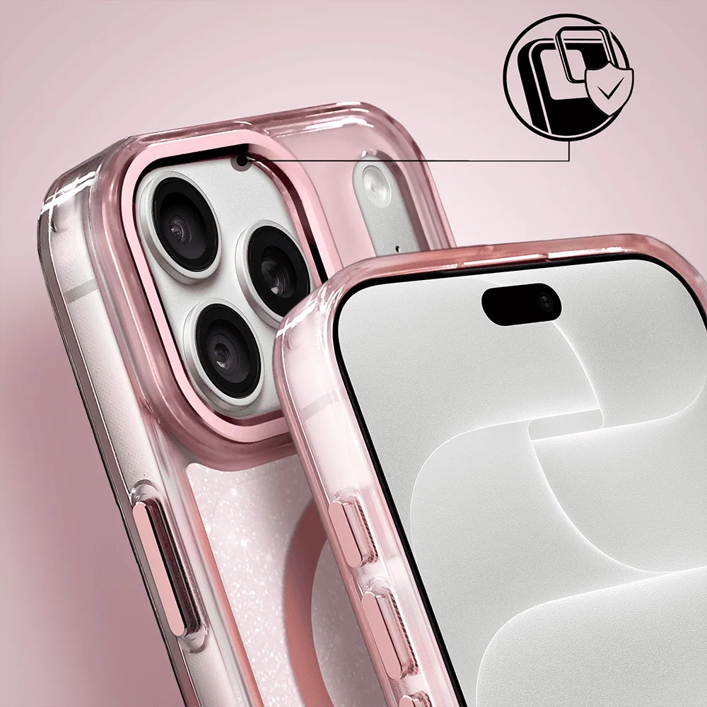 etui do iphone 18 pro max super hybrid sparkle z magsafe, błyszczący, twardy brokatowy tył, metalowe ozdoby, różowe