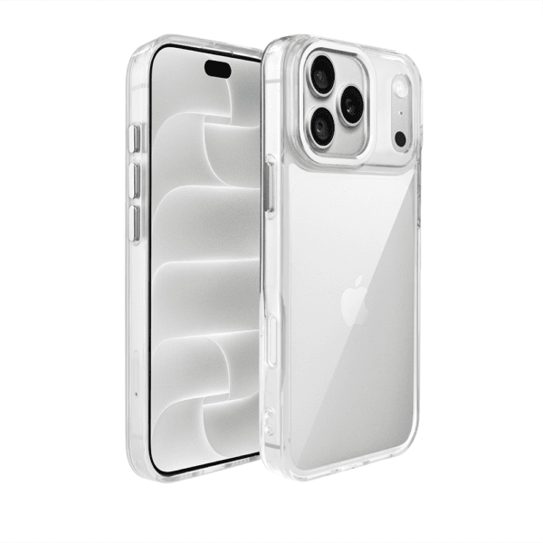 Etui do iPhone 18 Pro Super Hybrid, twardy tył, metalowe ozdoby, przeźroczyste