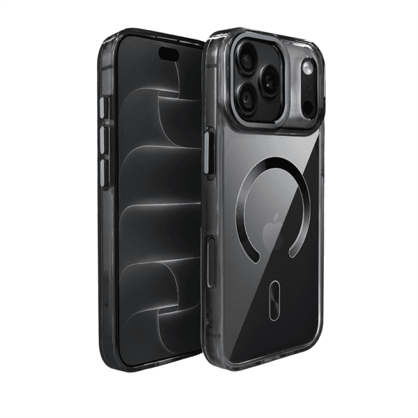 Etui do iPhone 18 Pro Super Hybrid z MagSafe, twardy tył, metalowe ozdoby, czarne