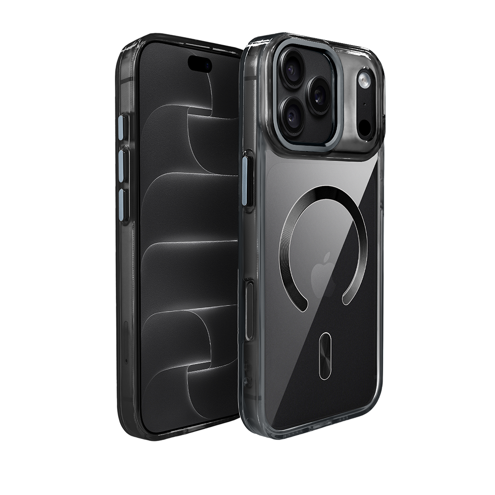 etui do iphone 18 pro max super hybrid z magsafe, twardy tył, metalowe ozdoby, czarne