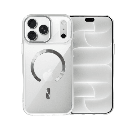 etui do iphone 18 pro max super hybrid z magsafe, twardy tył, metalowe ozdoby, srebrne