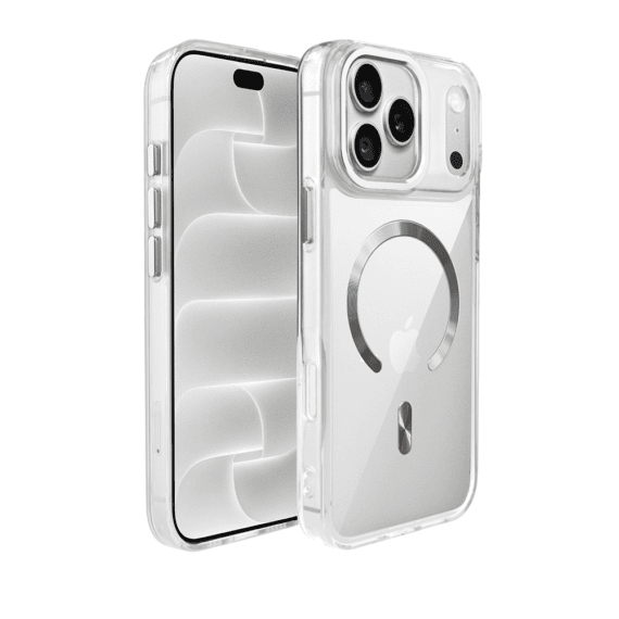 etui do iphone 18 pro max super hybrid z magsafe, twardy tył, metalowe ozdoby, srebrne