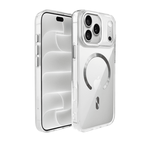 Etui do iPhone 18 Pro Super Hybrid z MagSafe, twardy tył, metalowe ozdoby, srebrne