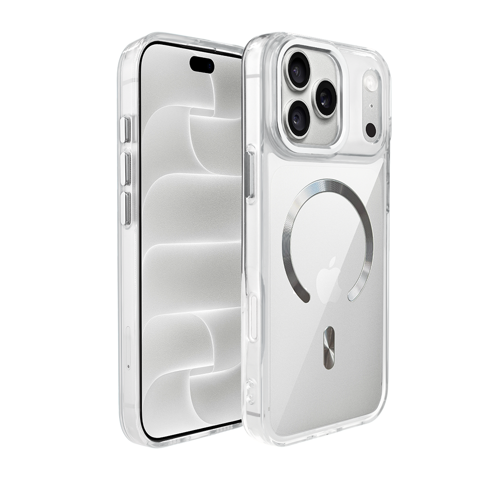 etui do iphone 18 pro max super hybrid z magsafe, twardy tył, metalowe ozdoby, srebrne