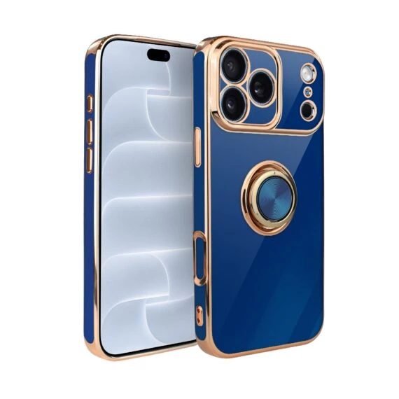 etui do iphone 18 pro max eleganckie, ze złotym, metalowym uchwytem i zdobieniami, osłona na aparat, granatowe
