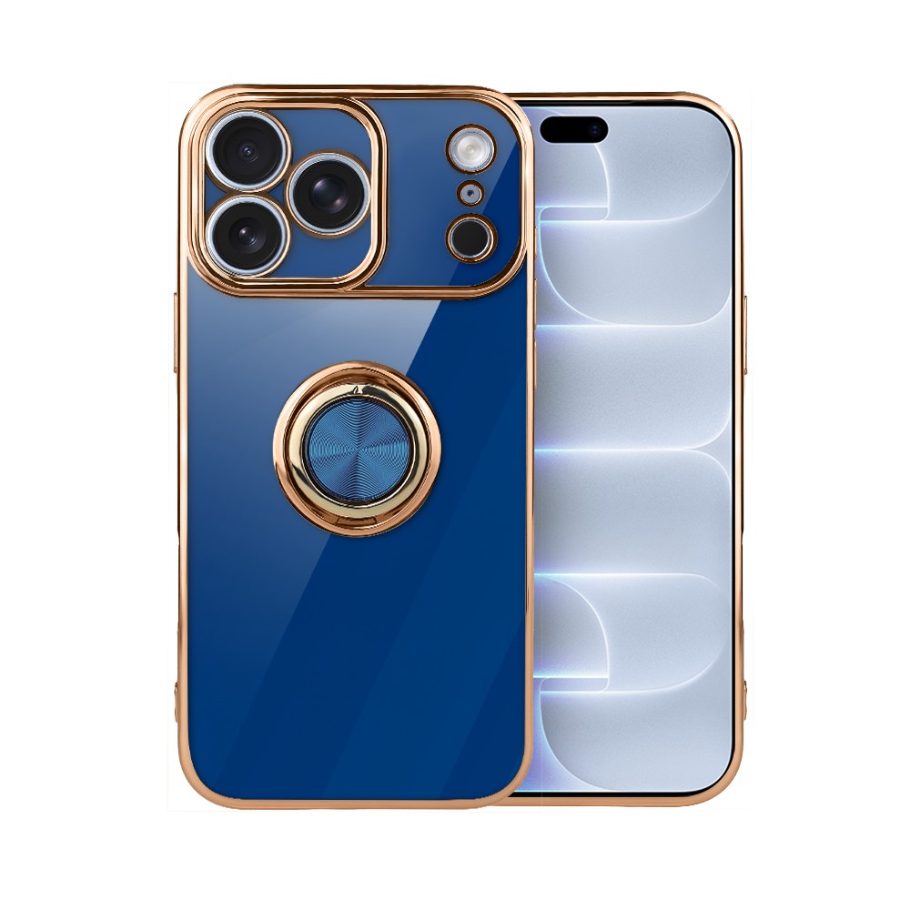 etui do iphone 18 pro max eleganckie, ze złotym, metalowym uchwytem i zdobieniami, osłona na aparat, granatowe