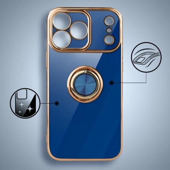 etui do iphone 18 pro max eleganckie, ze złotym, metalowym uchwytem i zdobieniami, osłona na aparat, granatowe