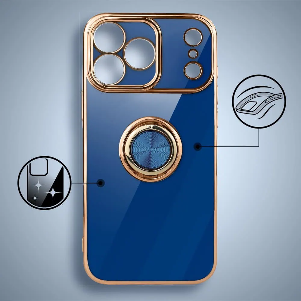 etui do iphone 18 pro max eleganckie, ze złotym, metalowym uchwytem i zdobieniami, osłona na aparat, granatowe