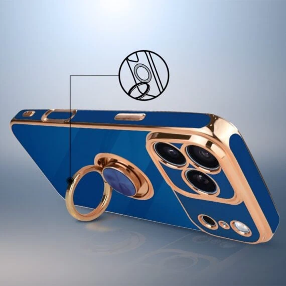 etui do iphone 18 pro max eleganckie, ze złotym, metalowym uchwytem i zdobieniami, osłona na aparat, granatowe