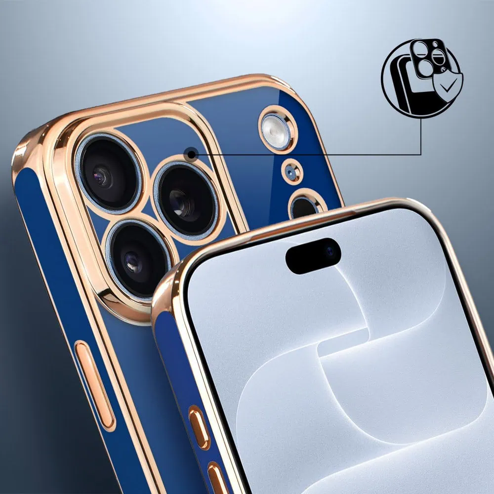 etui do iphone 18 pro max eleganckie, ze złotym, metalowym uchwytem i zdobieniami, osłona na aparat, granatowe