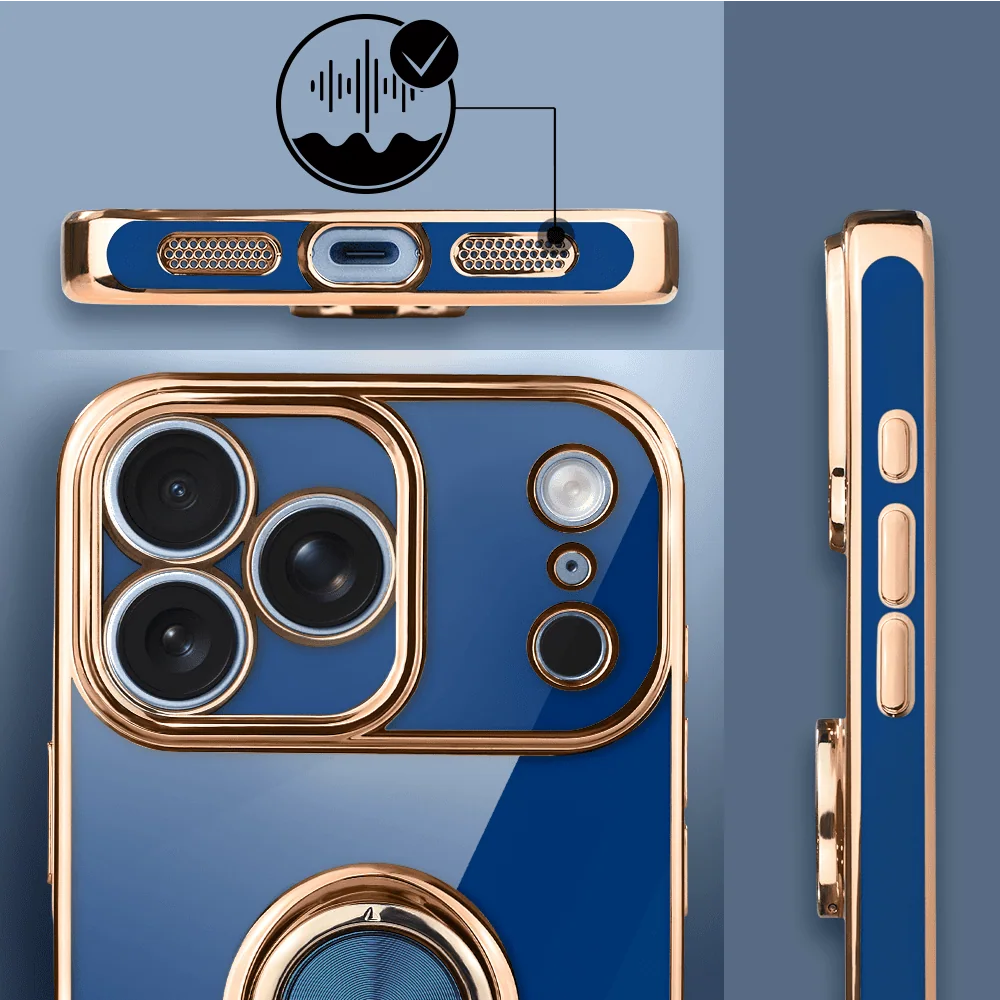 etui do iphone 18 pro max eleganckie, ze złotym, metalowym uchwytem i zdobieniami, osłona na aparat, granatowe