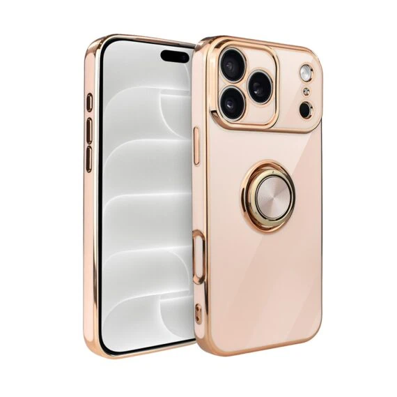 etui do iphone 18 pro max eleganckie, ze złotym, metalowym uchwytem i zdobieniami, osłona na aparat, złoty róż