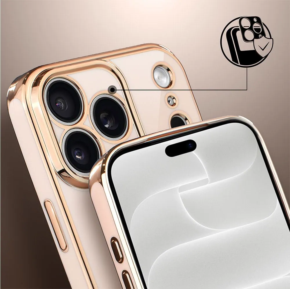 etui do iphone 18 pro max eleganckie, ze złotym, metalowym uchwytem i zdobieniami, osłona na aparat, złoty róż