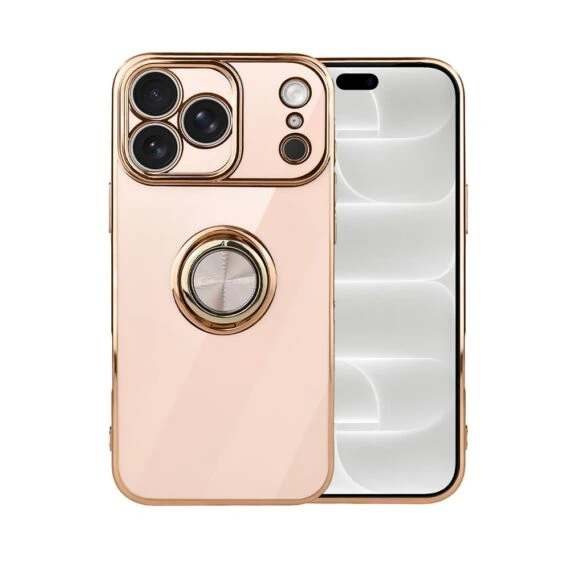 etui do iphone 18 pro max eleganckie, ze złotym, metalowym uchwytem i zdobieniami, osłona na aparat, złoty róż