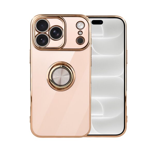 Etui do iPhone 18 Pro eleganckie, ze złotym, metalowym uchwytem i zdobieniami, osłona na aparat, złoty róż