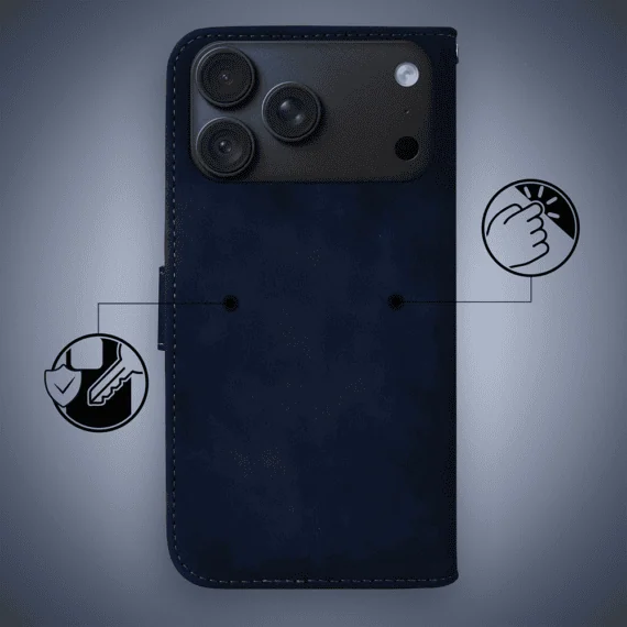 etui do iphone 18 pro max książkowe velvet touch, aksamitne, typu książka, z klapką, zamykane, granatowe