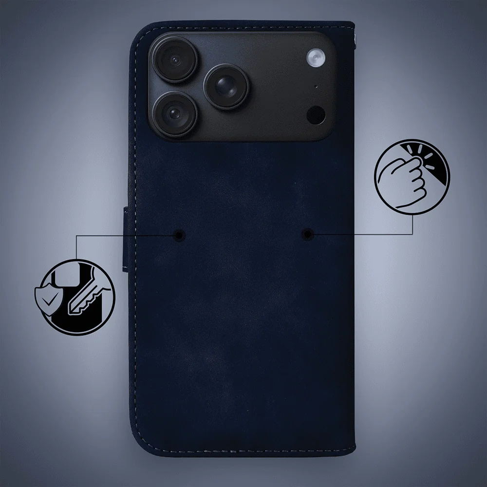 etui do iphone 18 pro max książkowe velvet touch, aksamitne, typu książka, z klapką, zamykane, granatowe
