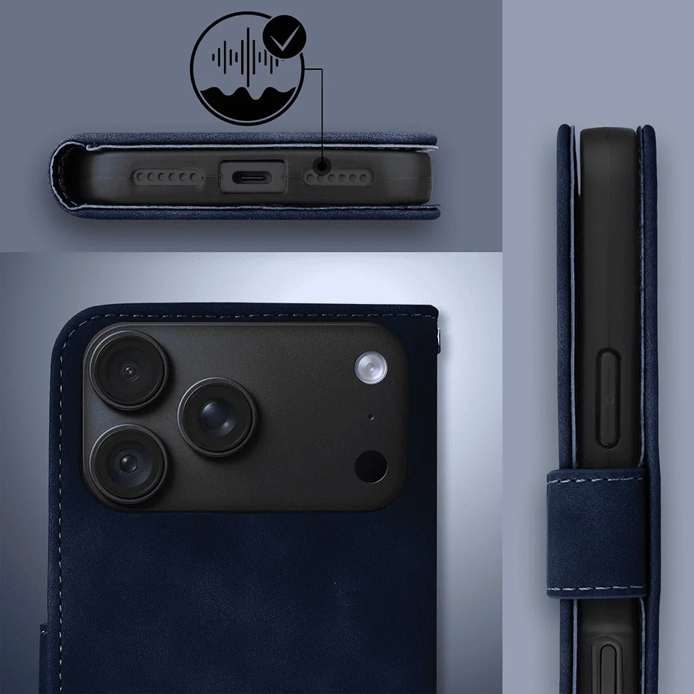 etui do iphone 18 pro max książkowe velvet touch, aksamitne, typu książka, z klapką, zamykane, granatowe