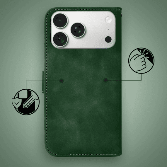 etui do iphone 18 pro max książkowe velvet touch, aksamitne, typu książka, z klapką, zamykane, zielone