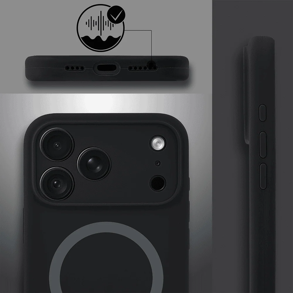etui do iphone 18 pro max, silikonowe z magsafe, mikrofibra soft touch z osłoną na aparat, czarne