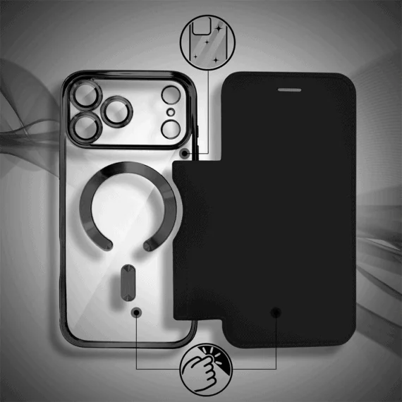 etui do iphone 18 pro max typu książka book magsafe lens protect, z klapką, czarne