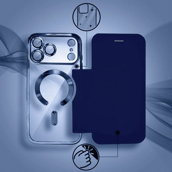 etui do iphone 18 pro max typu książka book magsafe lens protect, z klapką, granatowe
