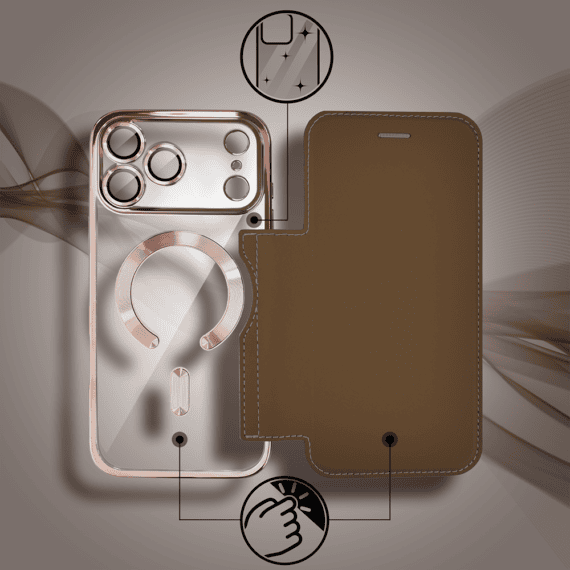 etui do iphone 18 pro max typu książka book magsafe lens protect, z klapką, pustynny brąz