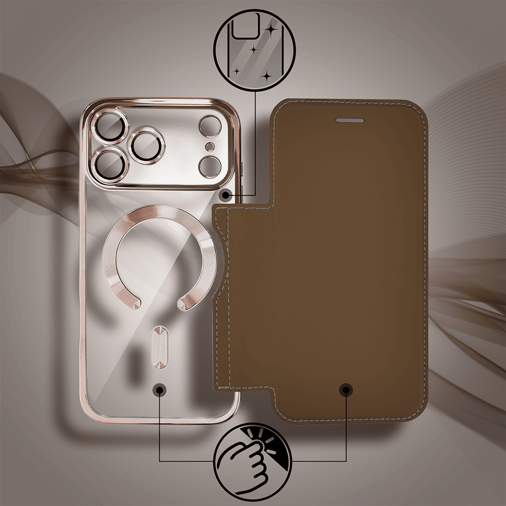 etui do iphone 18 pro max typu książka book magsafe lens protect, z klapką, pustynny brąz