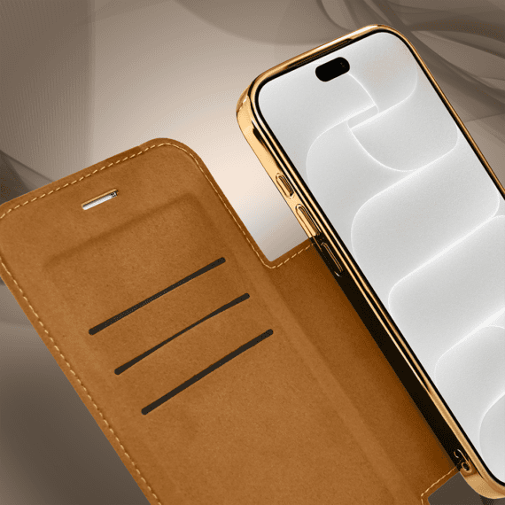 etui do iphone 18 pro max typu książka book magsafe lens protect, z klapką, złote