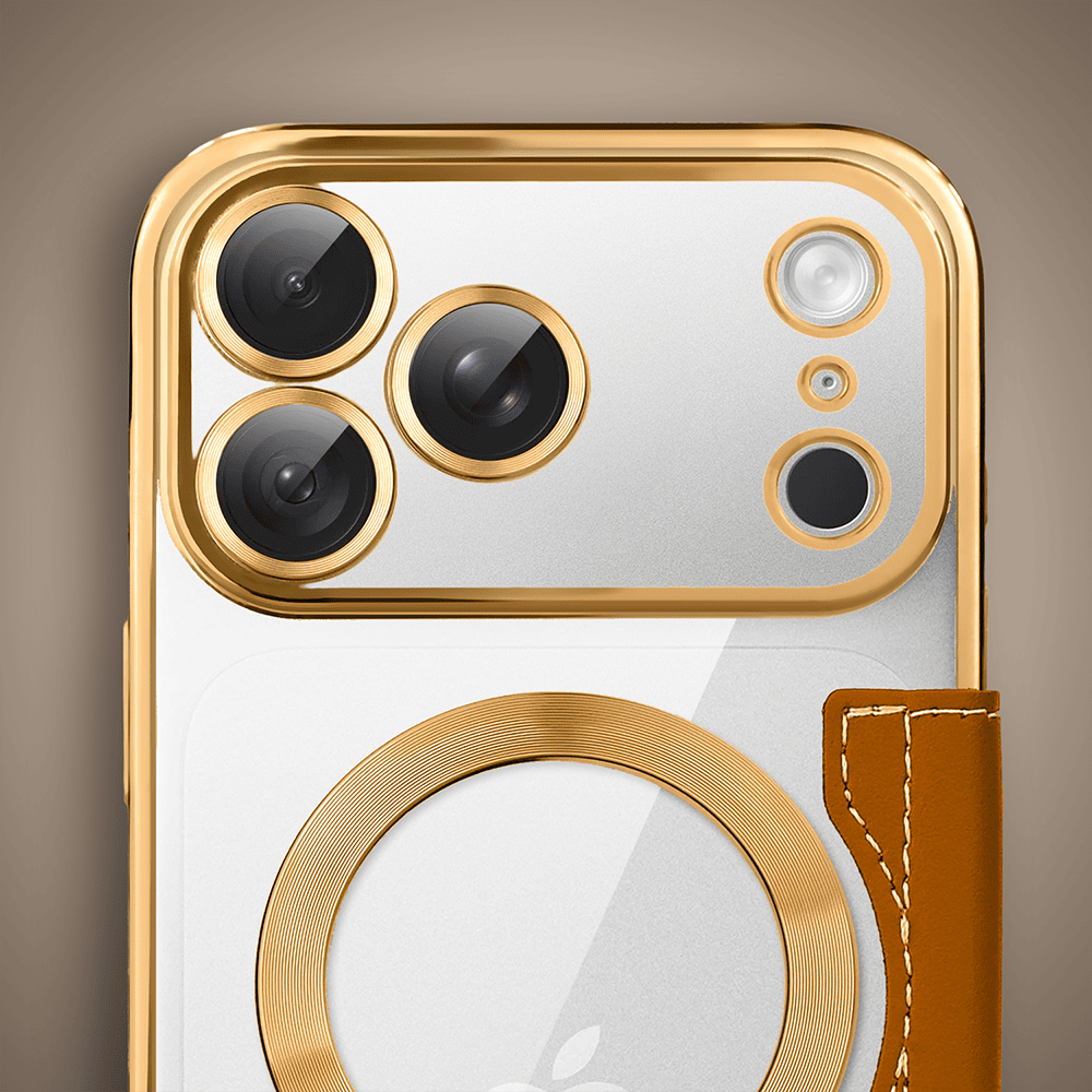 etui do iphone 18 pro max typu książka book magsafe lens protect, z klapką, złote