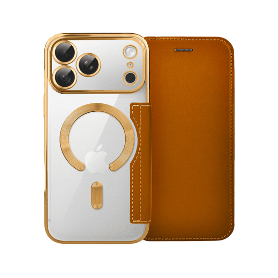 etui do iphone 18 pro max typu książka book magsafe lens protect, z klapką, złote