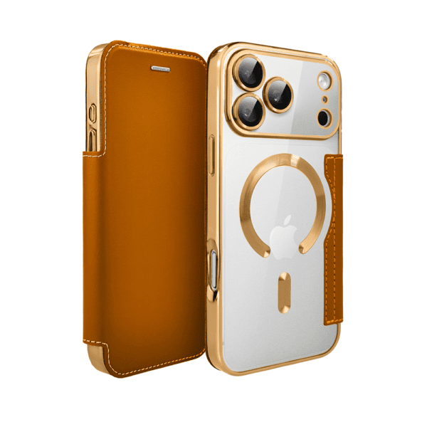 Etui do iPhone 18 Pro Max typu książka Book Magsafe Lens Protect, z klapką, złote