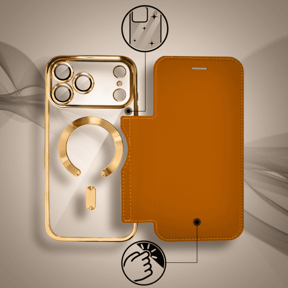 etui do iphone 18 pro max typu książka book magsafe lens protect, z klapką, złote