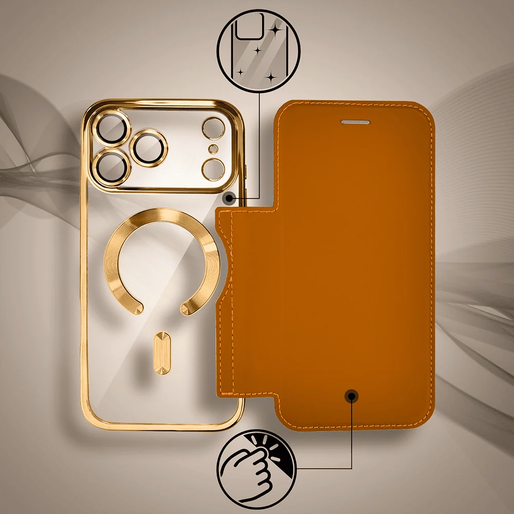 etui do iphone 18 pro max typu książka book magsafe lens protect, z klapką, złote