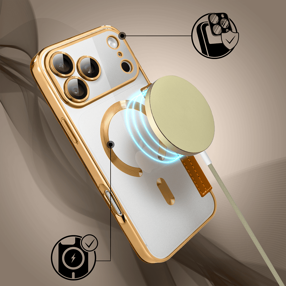 etui do iphone 18 pro max typu książka book magsafe lens protect, z klapką, złote