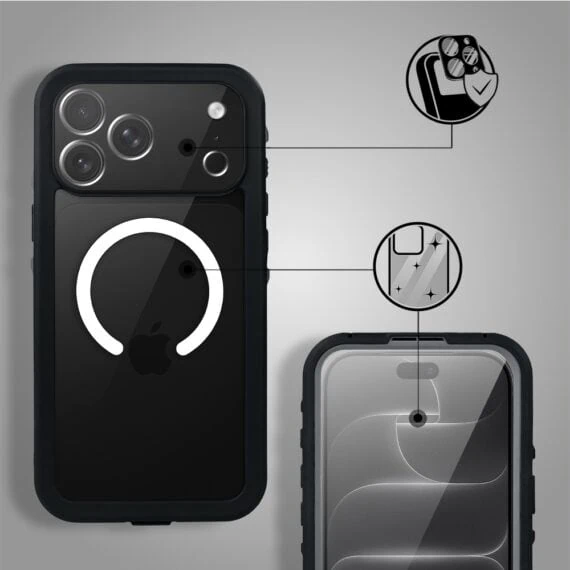 etui do iphone 18 pro max wodoodporne z magsafe, pancerne, przeźroczyste, czarne