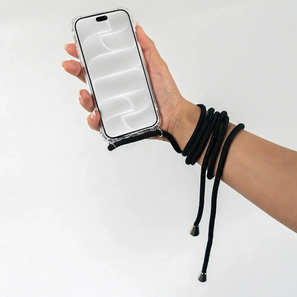 etui do iphone 18 pro max wzmacniane crossbody z czarną smyczą jak torebka, przeźroczyste