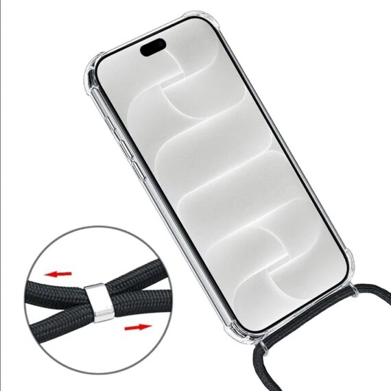 etui do iphone 18 pro max wzmacniane crossbody z czarną smyczą jak torebka, przeźroczyste