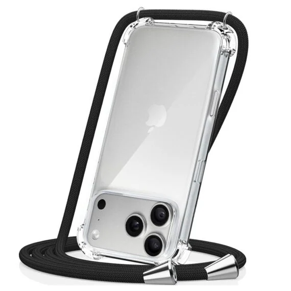 etui do iphone 18 pro max wzmacniane crossbody z czarną smyczą jak torebka, przeźroczyste