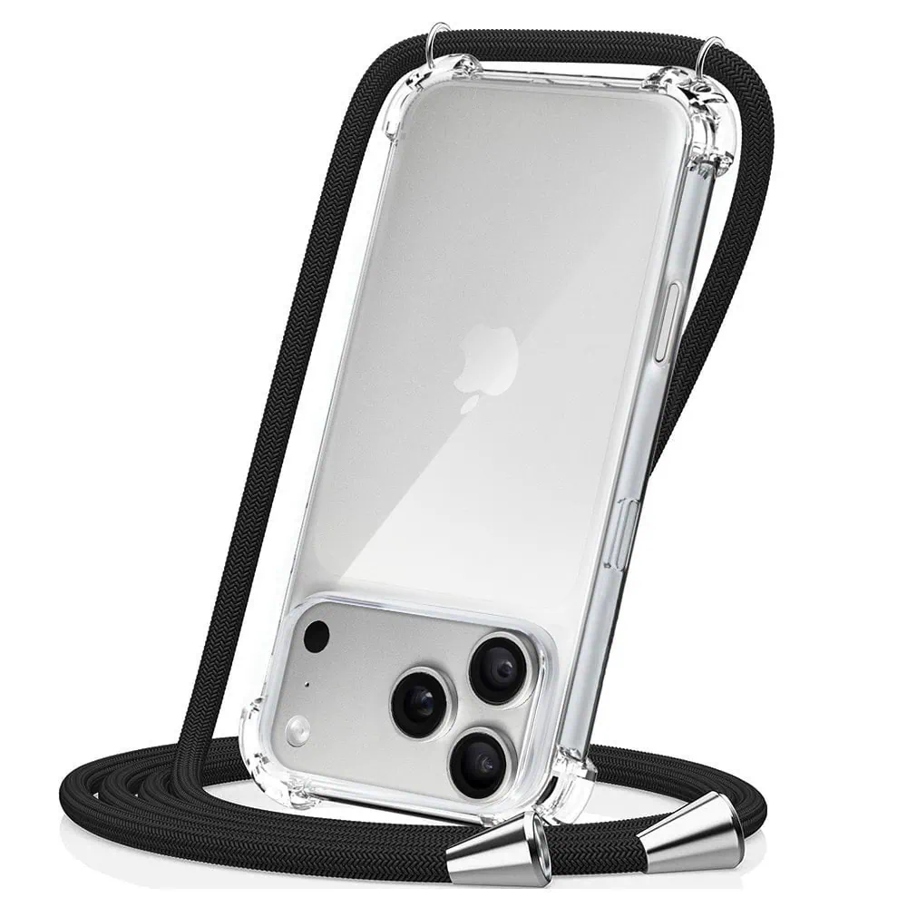 etui do iphone 18 pro max wzmacniane crossbody z czarną smyczą jak torebka, przeźroczyste