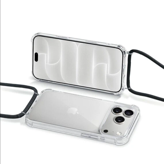etui do iphone 18 pro max wzmacniane crossbody z czarną smyczą jak torebka, przeźroczyste