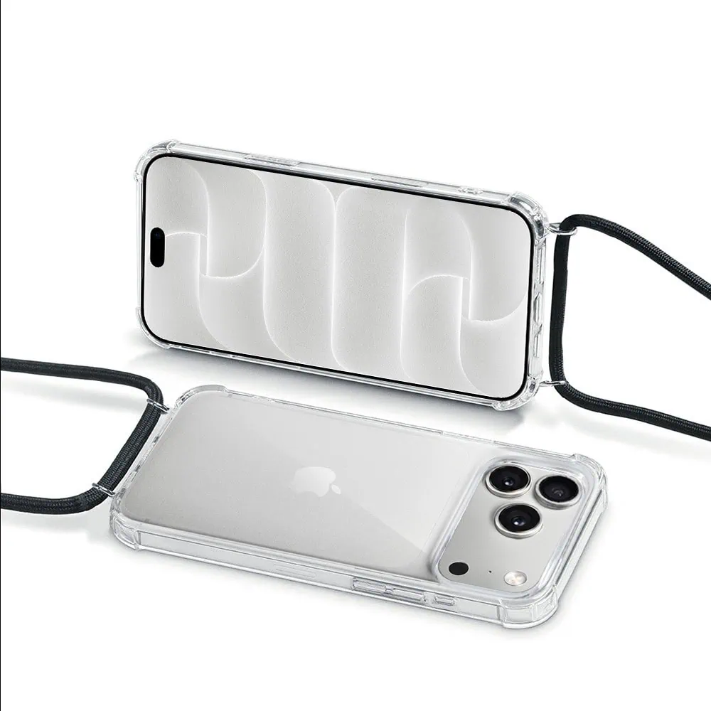 etui do iphone 18 pro max wzmacniane crossbody z czarną smyczą jak torebka, przeźroczyste