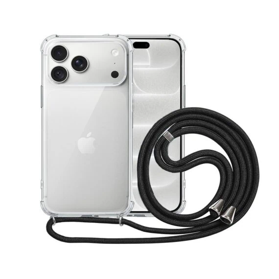 etui do iphone 18 pro max wzmacniane crossbody z czarną smyczą jak torebka, przeźroczyste