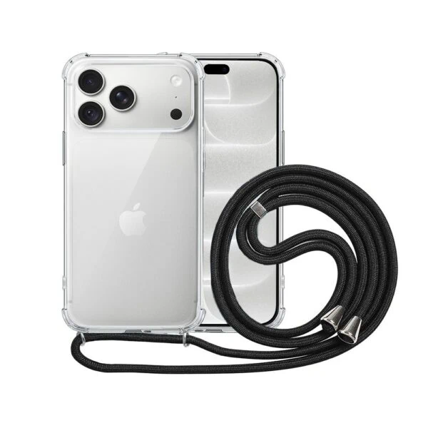 Etui do iPhone 18 Pro Max wzmacniane crossbody z czarną smyczą jak torebka, przeźroczyste