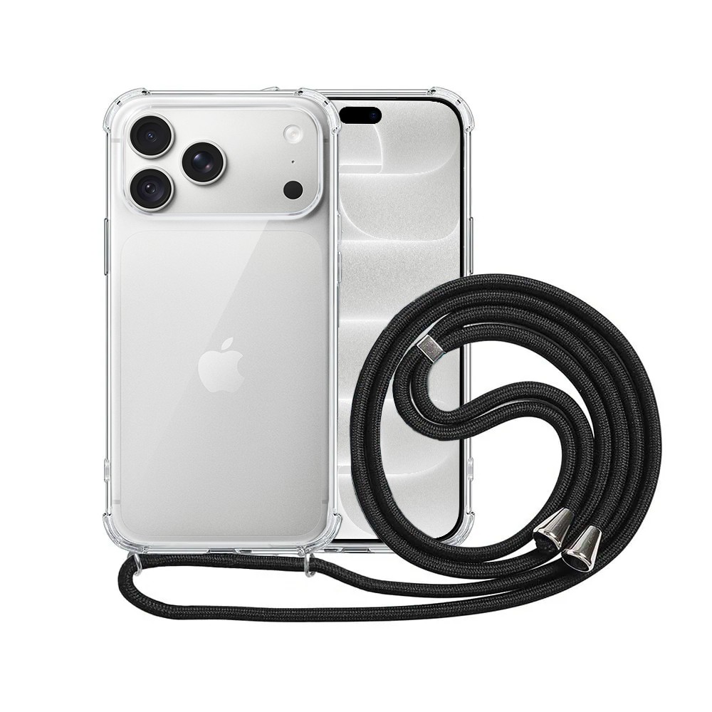 etui do iphone 18 pro max wzmacniane crossbody z czarną smyczą jak torebka, przeźroczyste