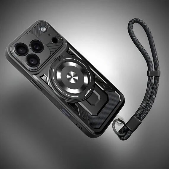 etui do iphone 18 pro max wzmocnione, z magsafe i funkcją podstawki, czarne