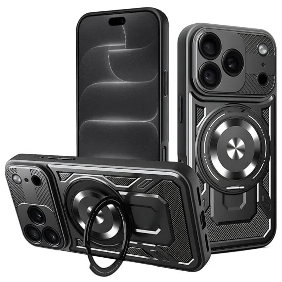 etui do iphone 18 pro max wzmocnione, z magsafe i funkcją podstawki, czarne