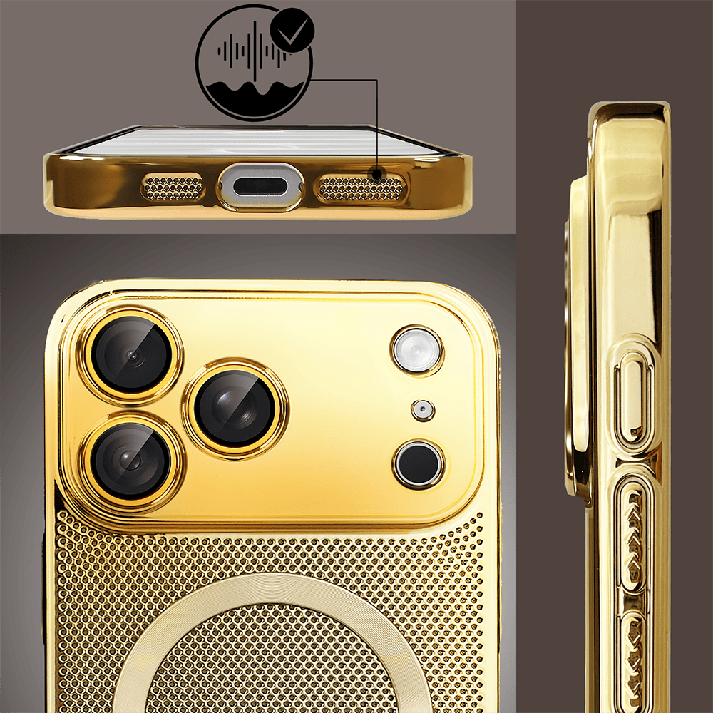 etui do iphone 18 pro z magsafe, cienkie, twarde, oddychające, z osłoną aparatu, złote