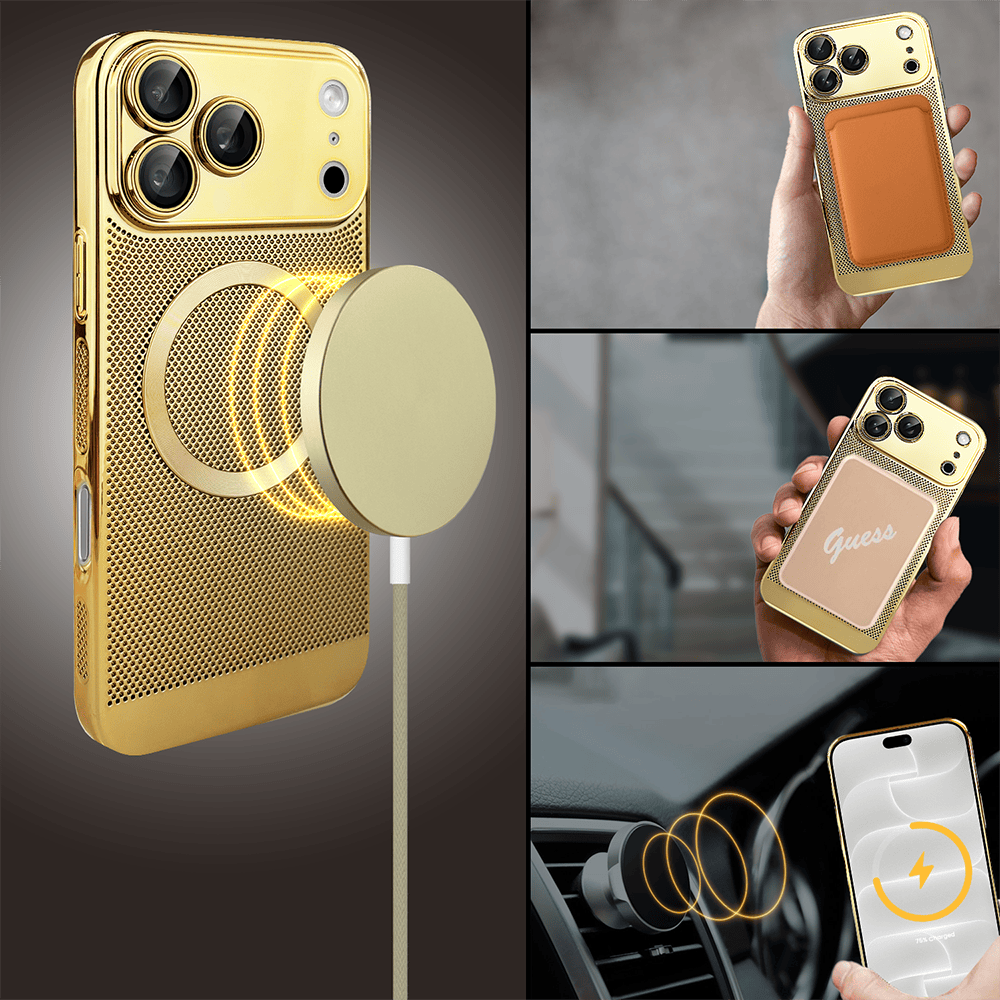 etui do iphone 18 pro z magsafe, cienkie, twarde, oddychające, z osłoną aparatu, złote