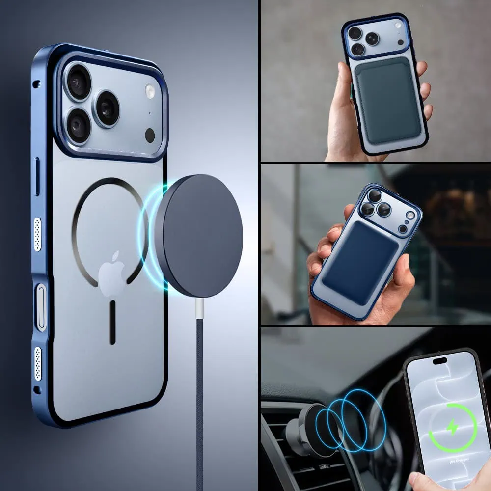 etui do iphone 18 pro metal defender, metalowa ramka z magsafe, granatowe